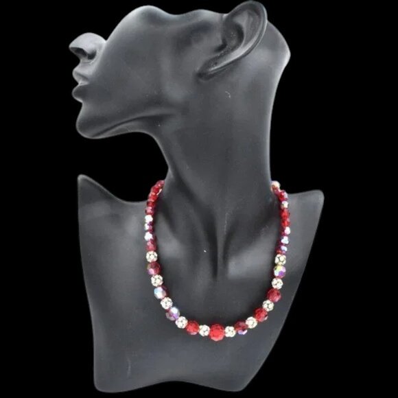 MCM Vintage Red Aurora Borealis & Rhinestone Choker Necklace - Picture 1 of 6